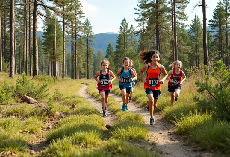 Young athletes running cross country race