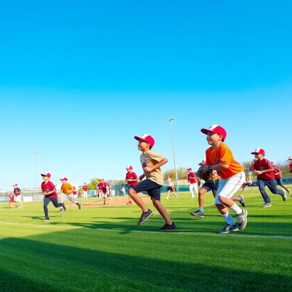 Youth baseball players playing on a vibrant field