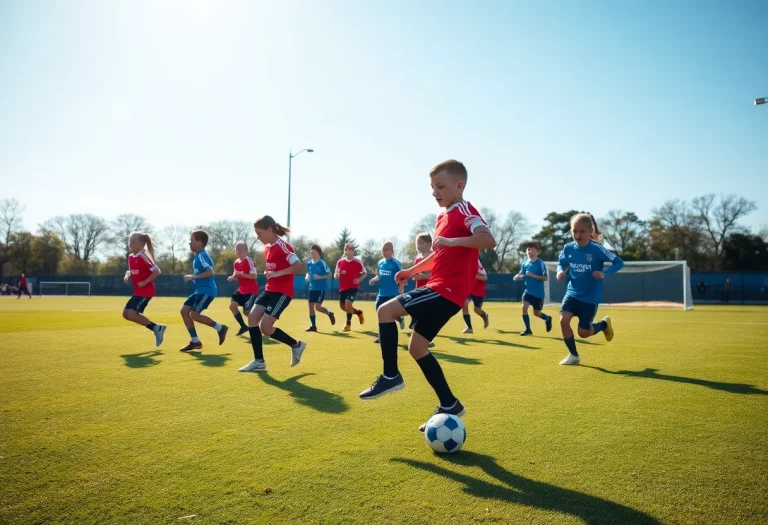A youth soccer team practicing teamwork on the field