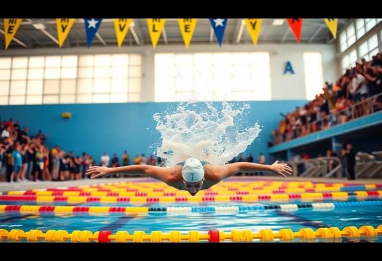 A swimmer diving into the pool at a swim meet