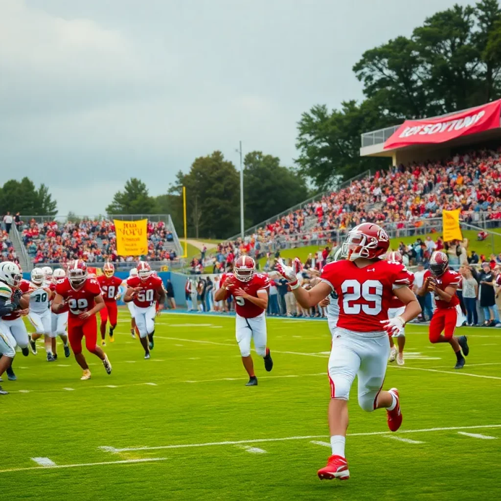 High school football game in action with players and fans