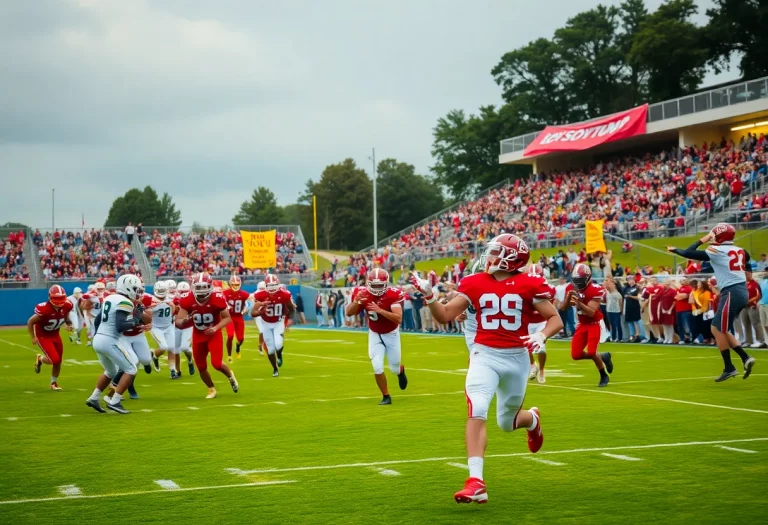High school football game in action with players and fans