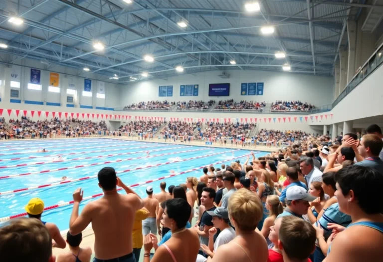 Swimmers competing at the natatorium during the 2025 Swimming World Cup.