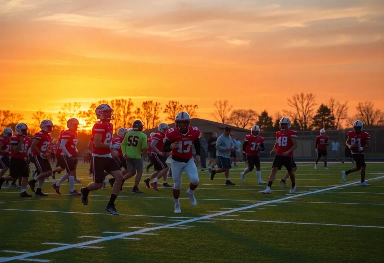 Players practicing on the high school football field at sunset