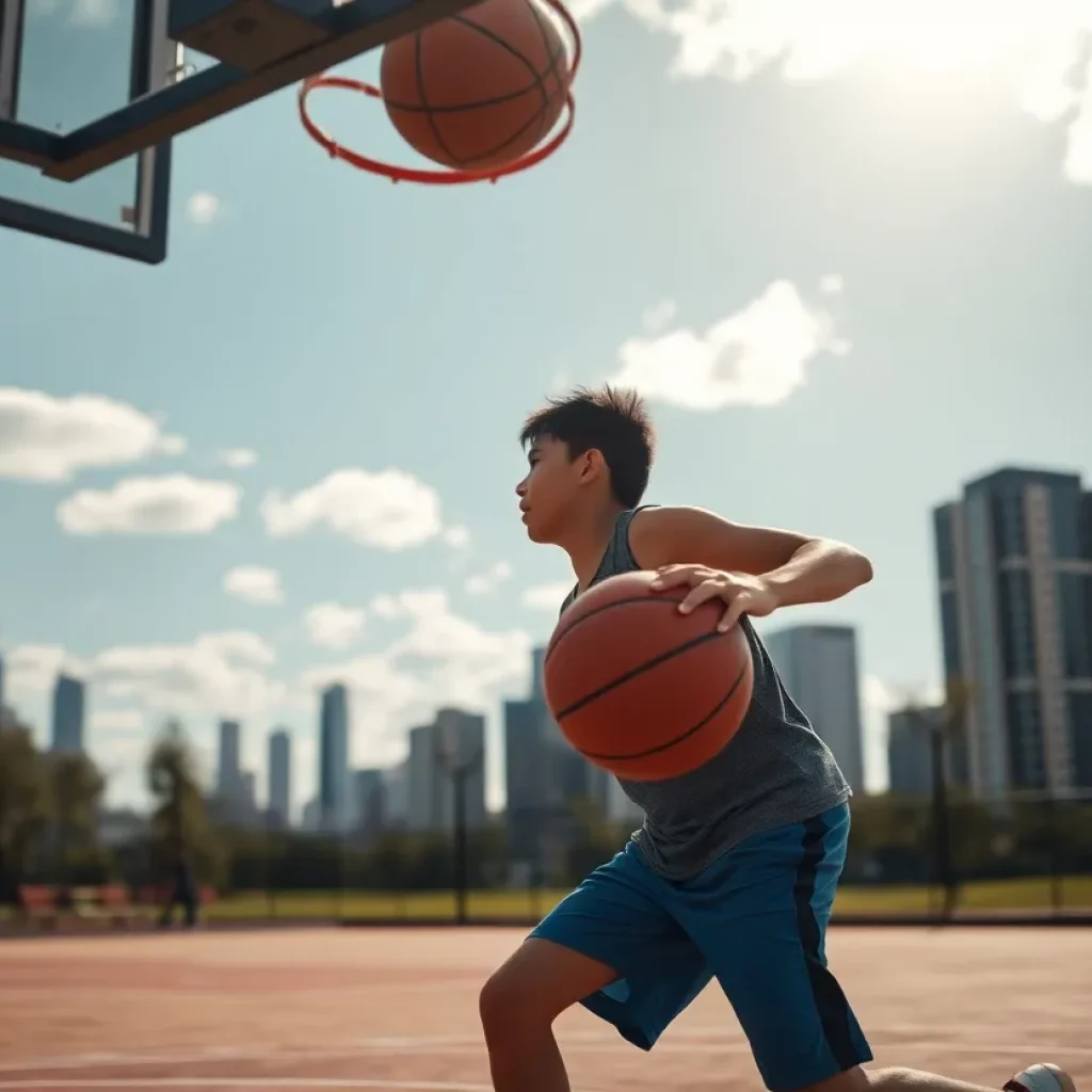 Young basketball player working on skills outdoors