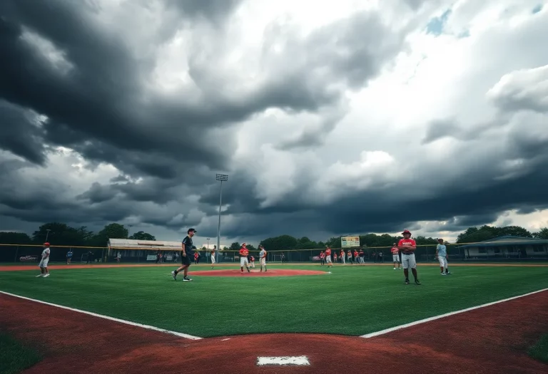 High school baseball field under cloudy skies