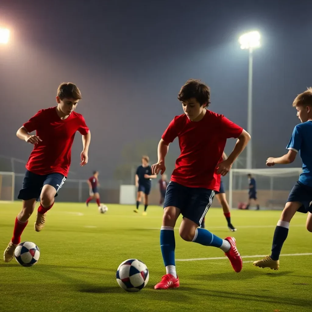 Boys playing soccer during the Alabama high school playoffs