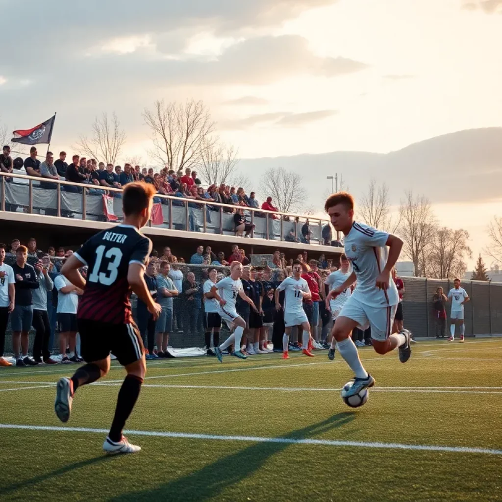 A thrilling scene from an Alabama high school soccer playoff match with players competing.