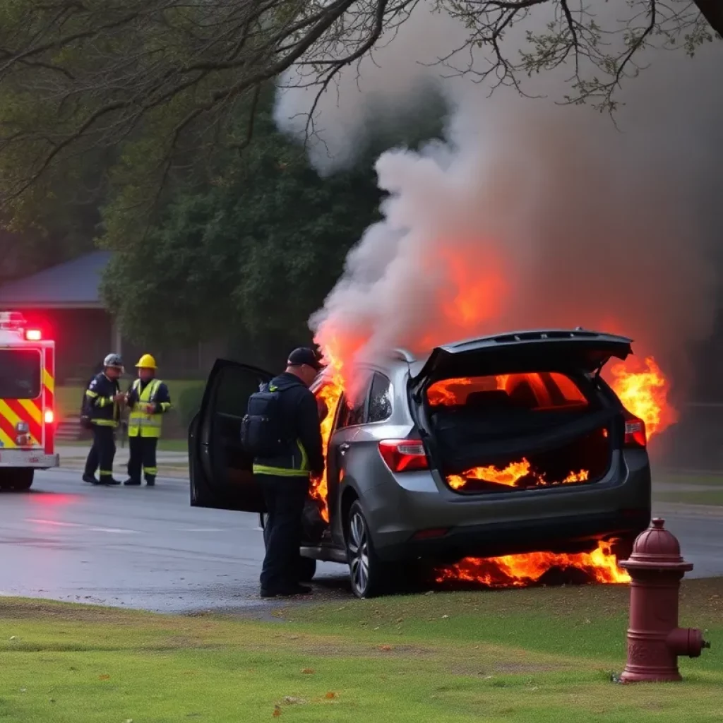Scene of a car crash involving emergency services and a burning vehicle.