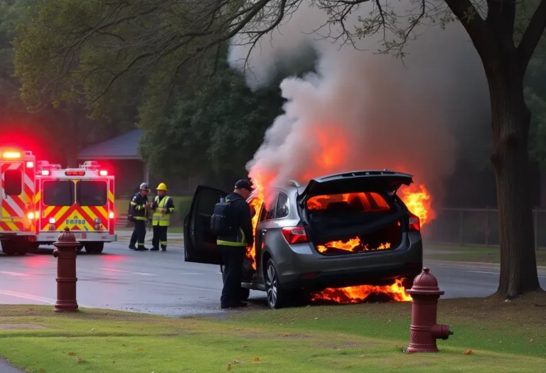 Scene of a car crash involving emergency services and a burning vehicle.