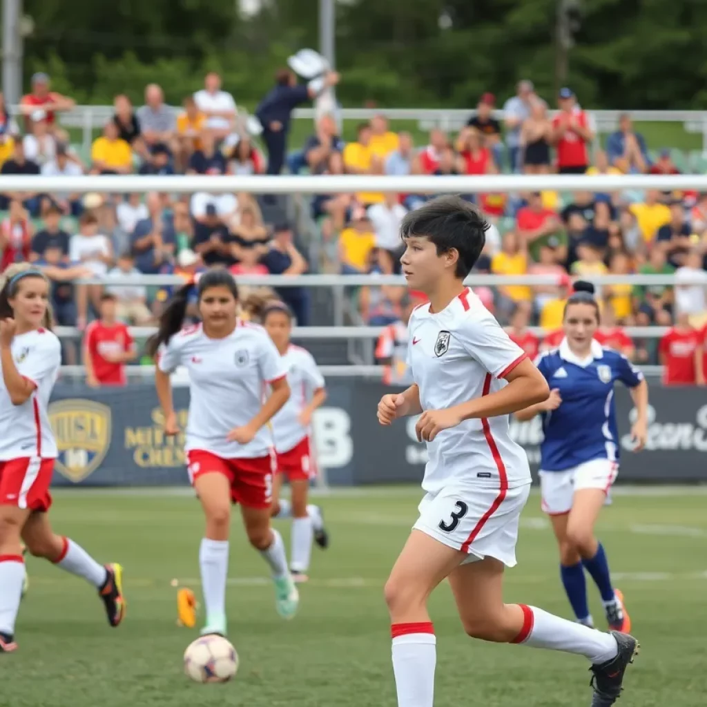 High school soccer players on the field during a match