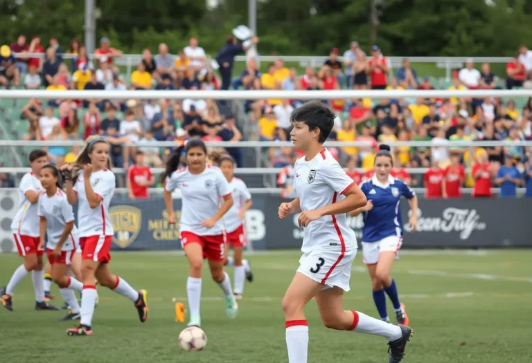 High school soccer players on the field during a match