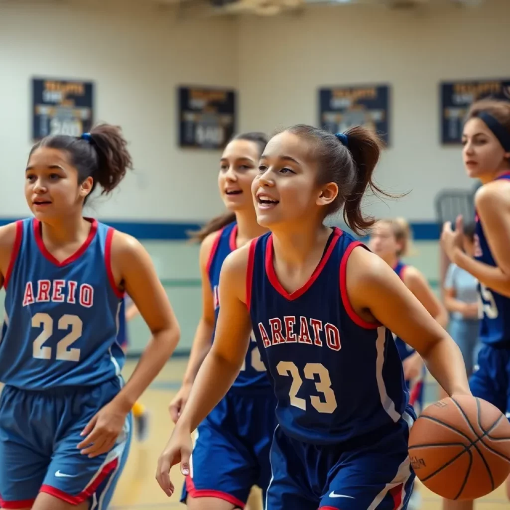 Young female athletes competing in a high school basketball game