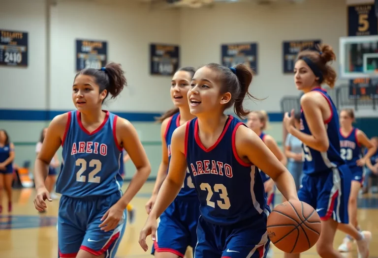 Young female athletes competing in a high school basketball game