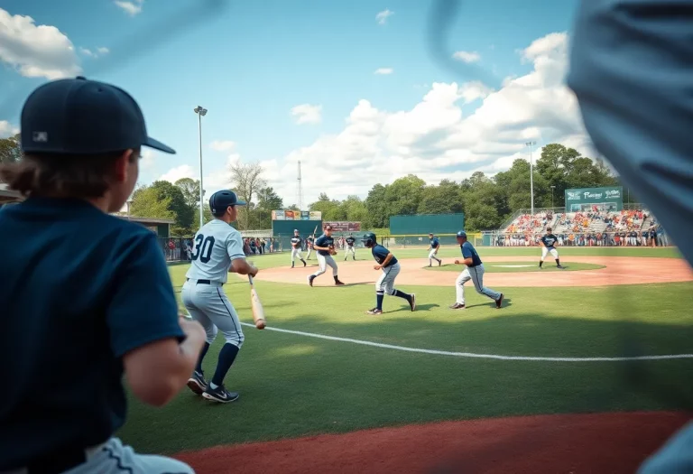 High school baseball players competing on a field