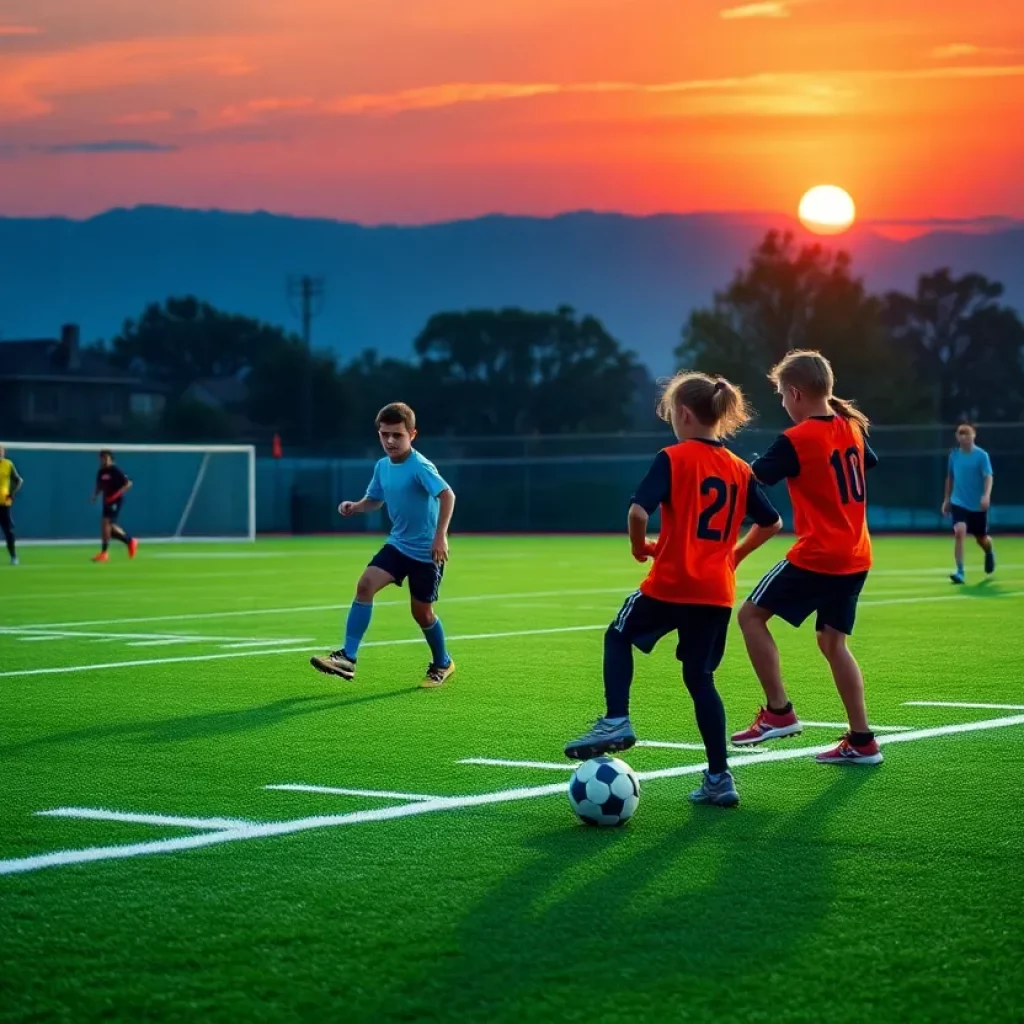 Young athletes practicing football on a field during sunset