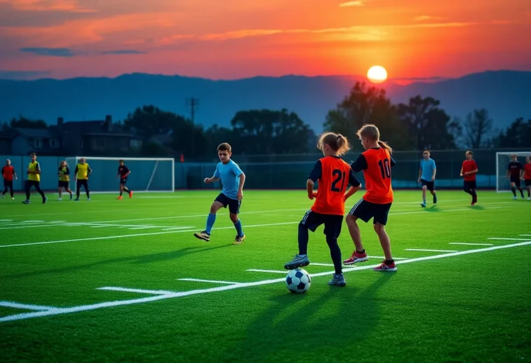 Young athletes practicing football on a field during sunset