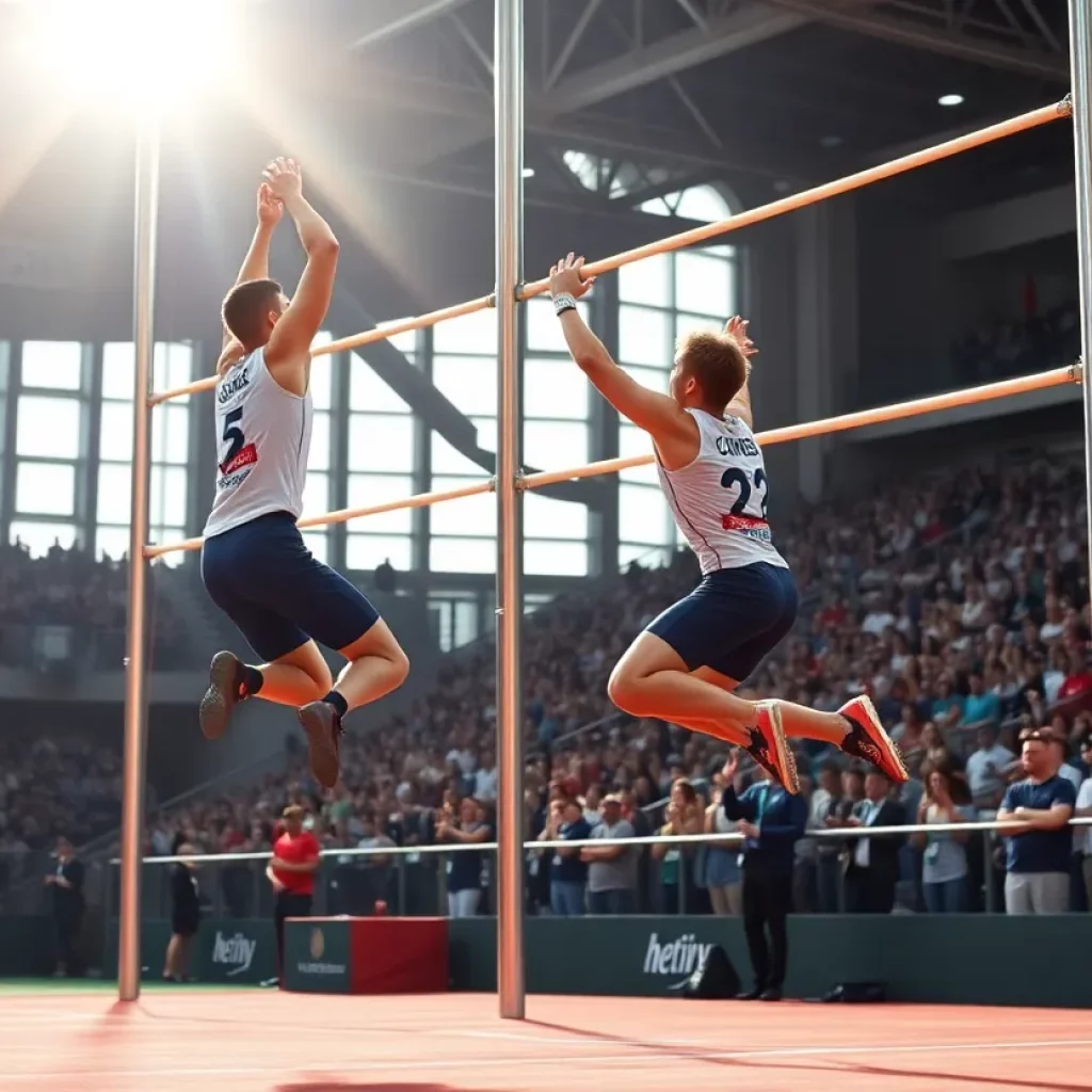 Athlete pole vaulting in Arizona with spectators cheering.