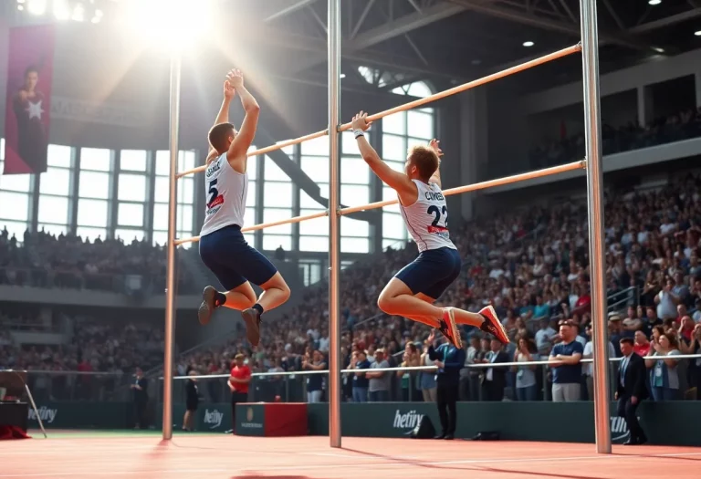 Athlete pole vaulting in Arizona with spectators cheering.