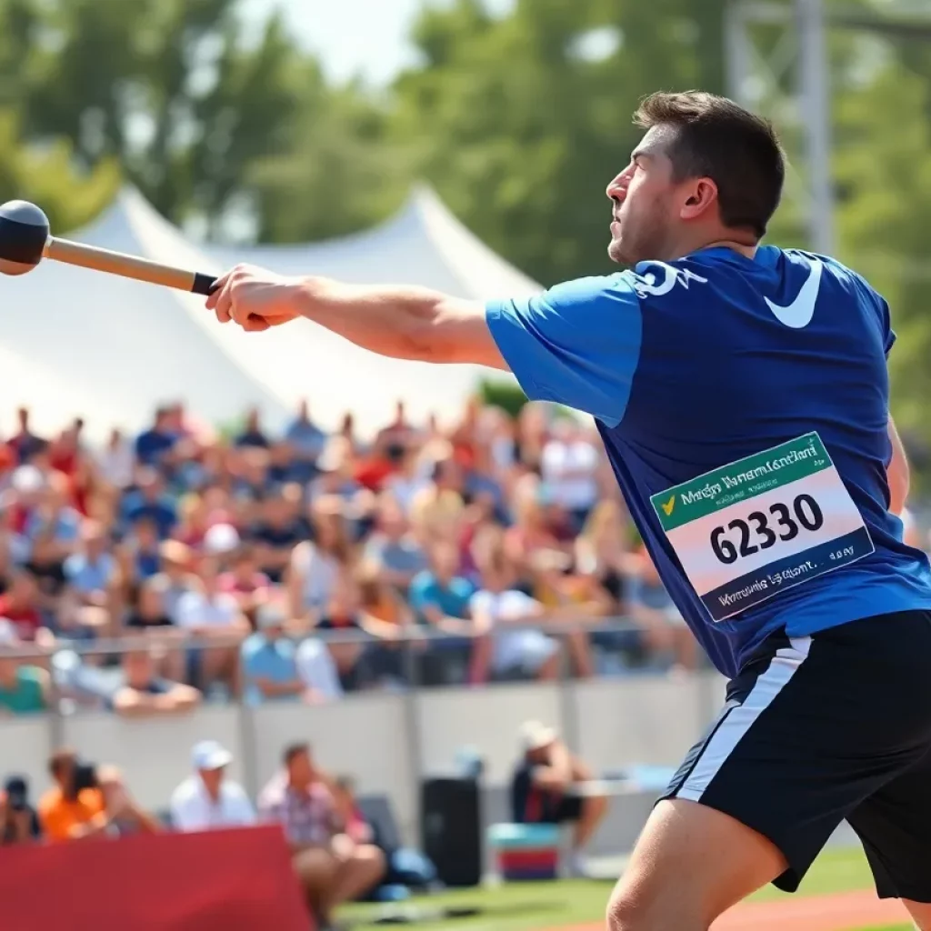Athlete executing a hammer throw in a track and field event.