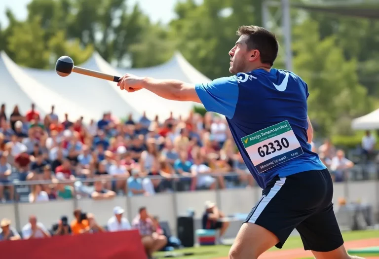 Athlete executing a hammer throw in a track and field event.