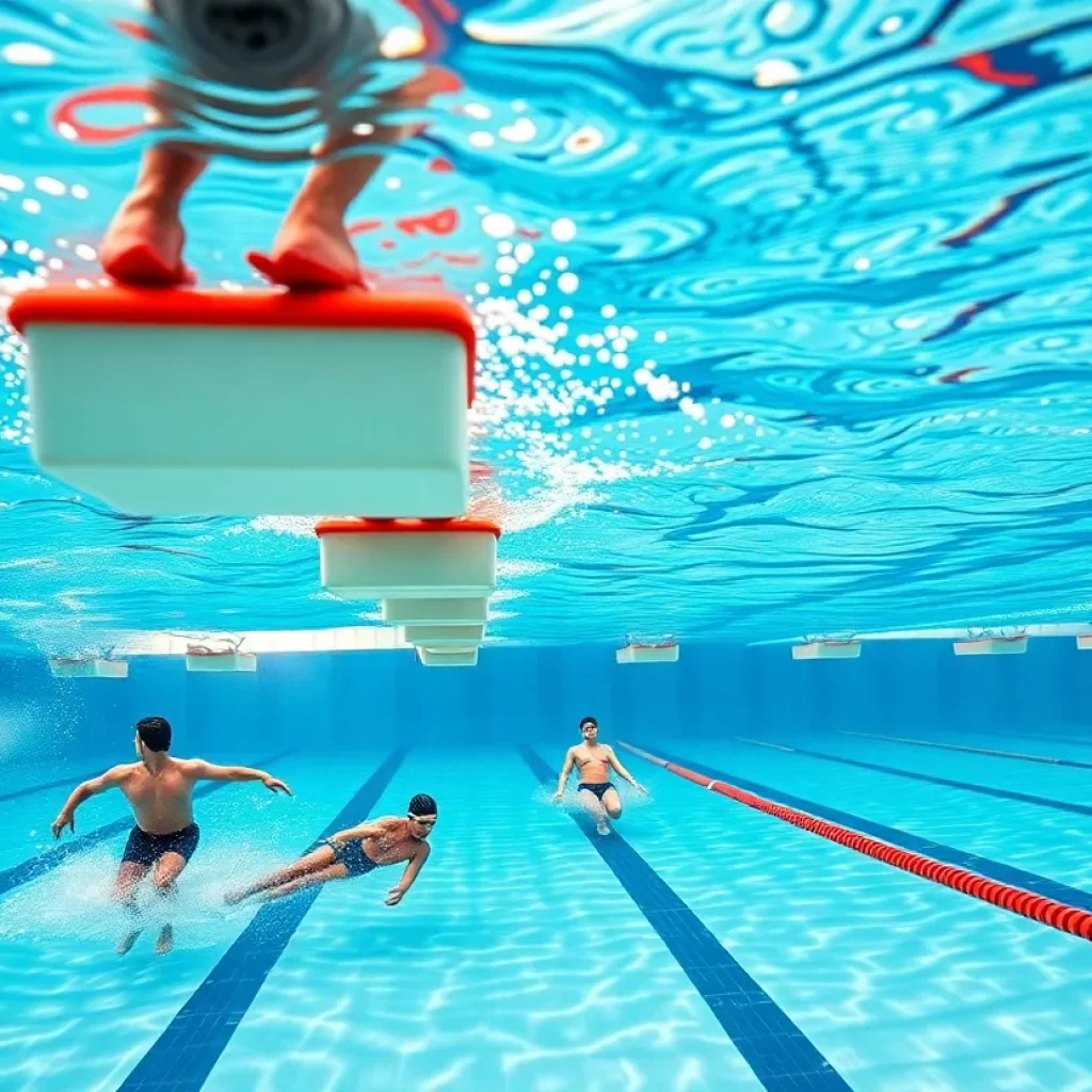 Swimmers using backstroke ledges at a high school swimming competition.