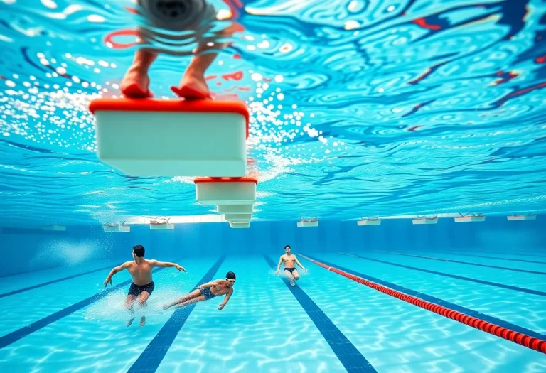 Swimmers using backstroke ledges at a high school swimming competition.