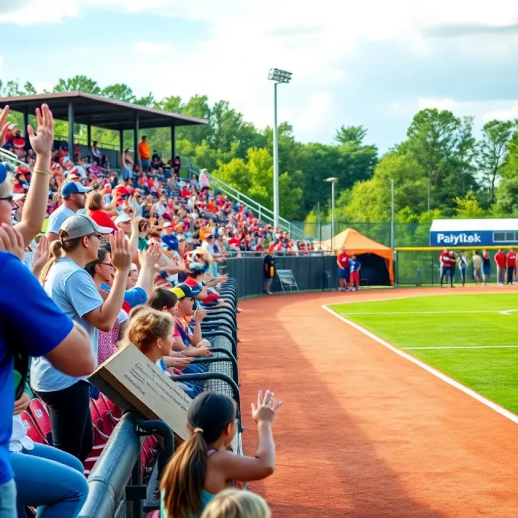 A high school softball game in Baldwin County with fans cheering.