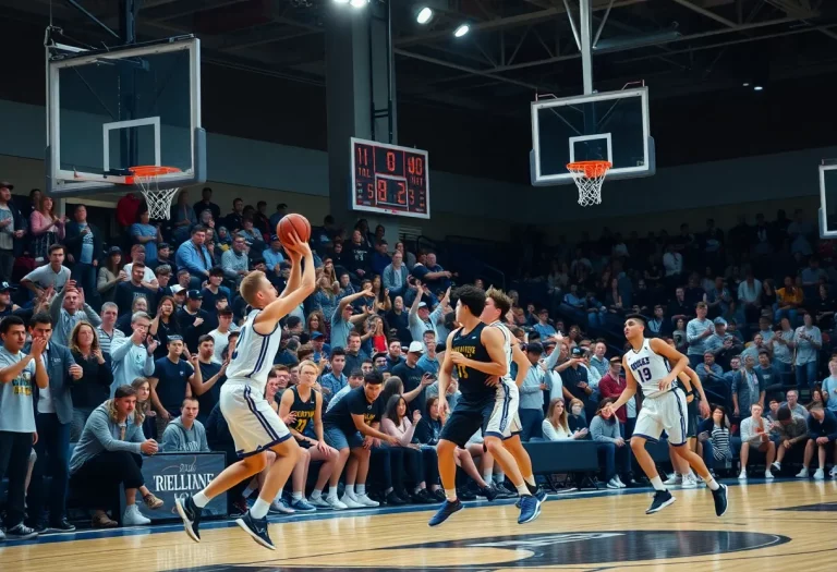 Players from Plainfield High School celebrating after a victory in a basketball championship game.