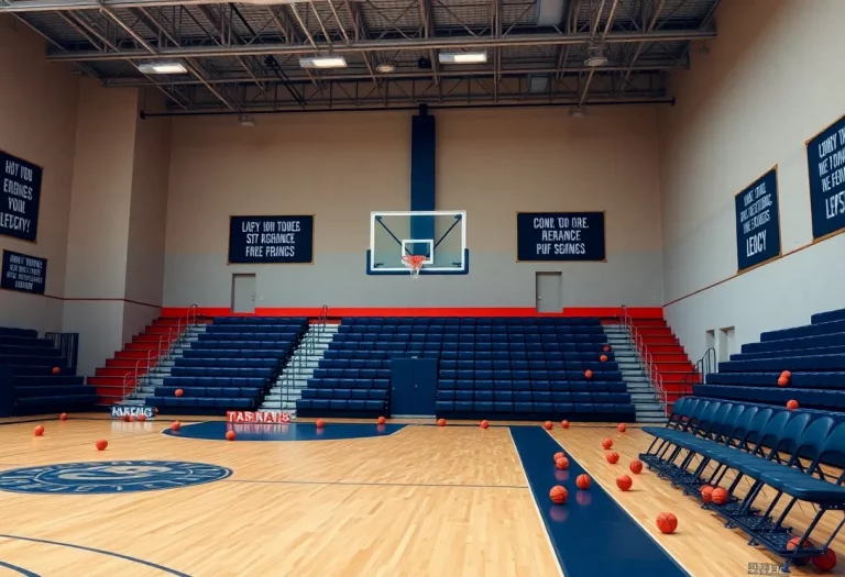 A high school basketball court reflecting on a coaching legacy.