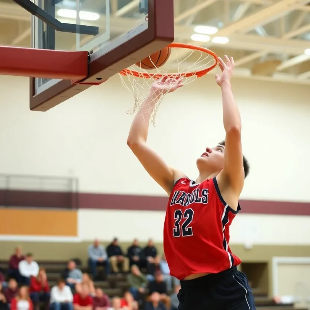High school basketball player executing a dunk during a game
