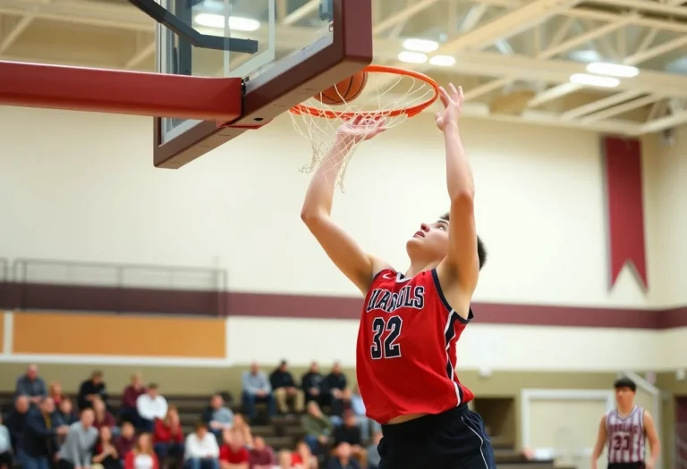 High school basketball player executing a dunk during a game