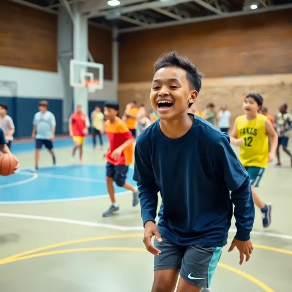 Youth players engaging in a basketball training session on a court.