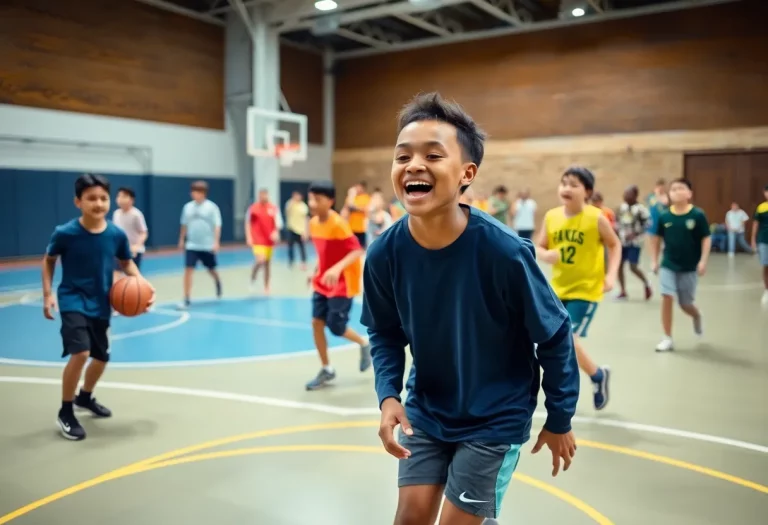Youth players engaging in a basketball training session on a court.