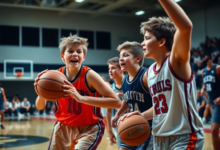 Players competing in a high school basketball game showcasing intense action.