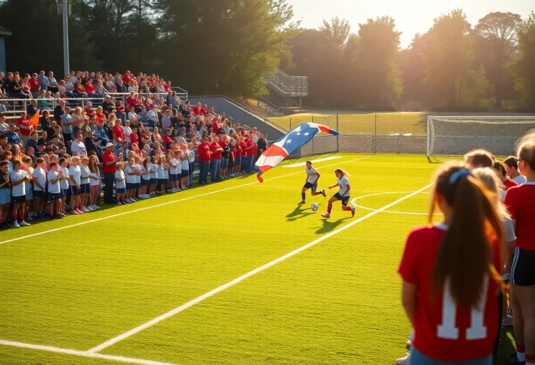 Soccer players competing in UIL playoffs with fans cheering in the background.