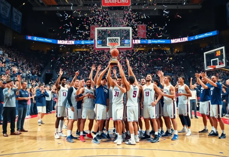 Bishop McNamara Mustangs celebrating their championship victory on the basketball court.