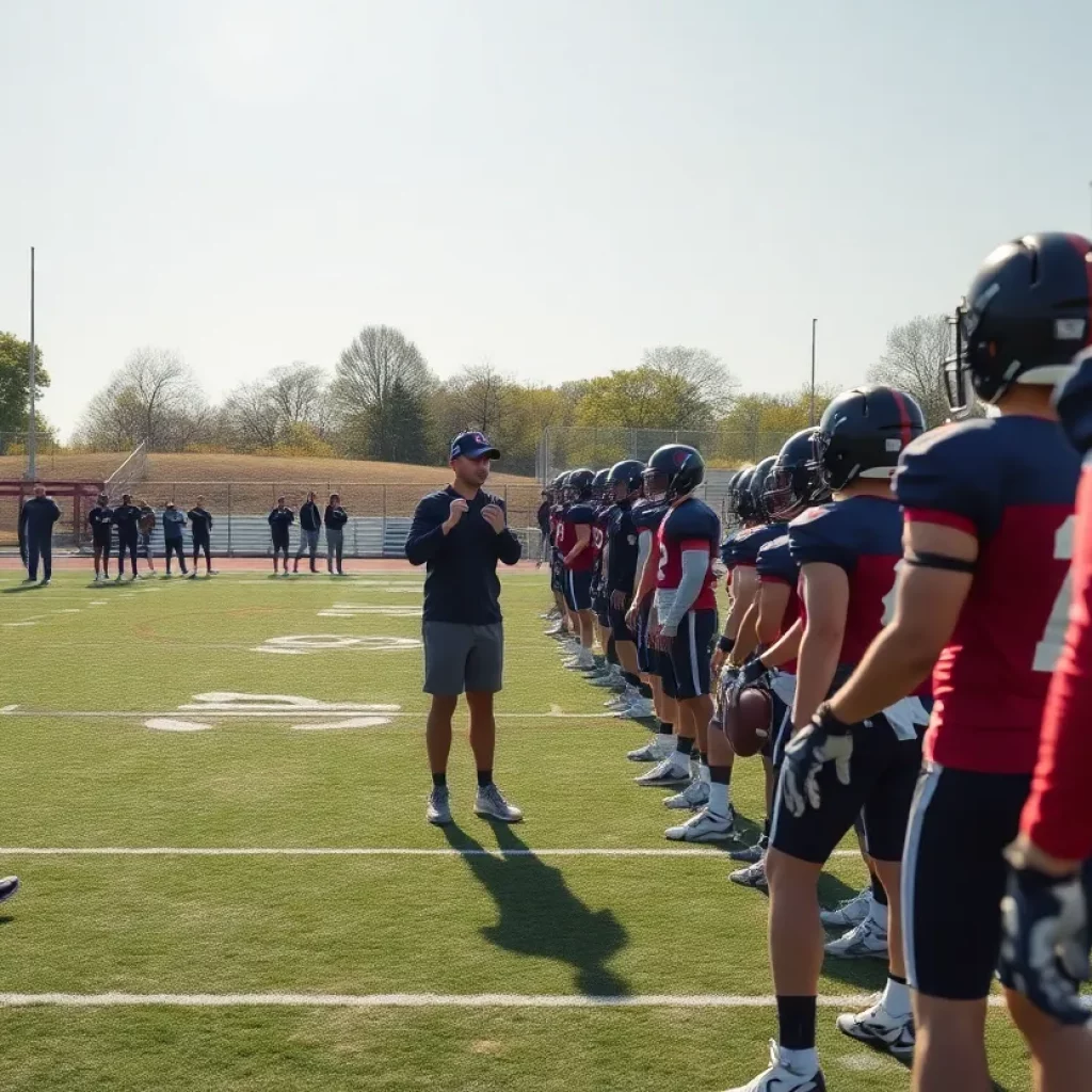 High school football team practicing on the field