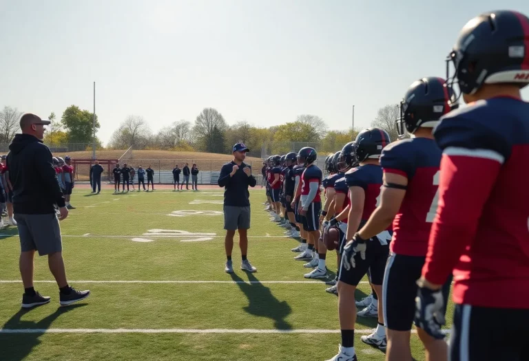 High school football team practicing on the field