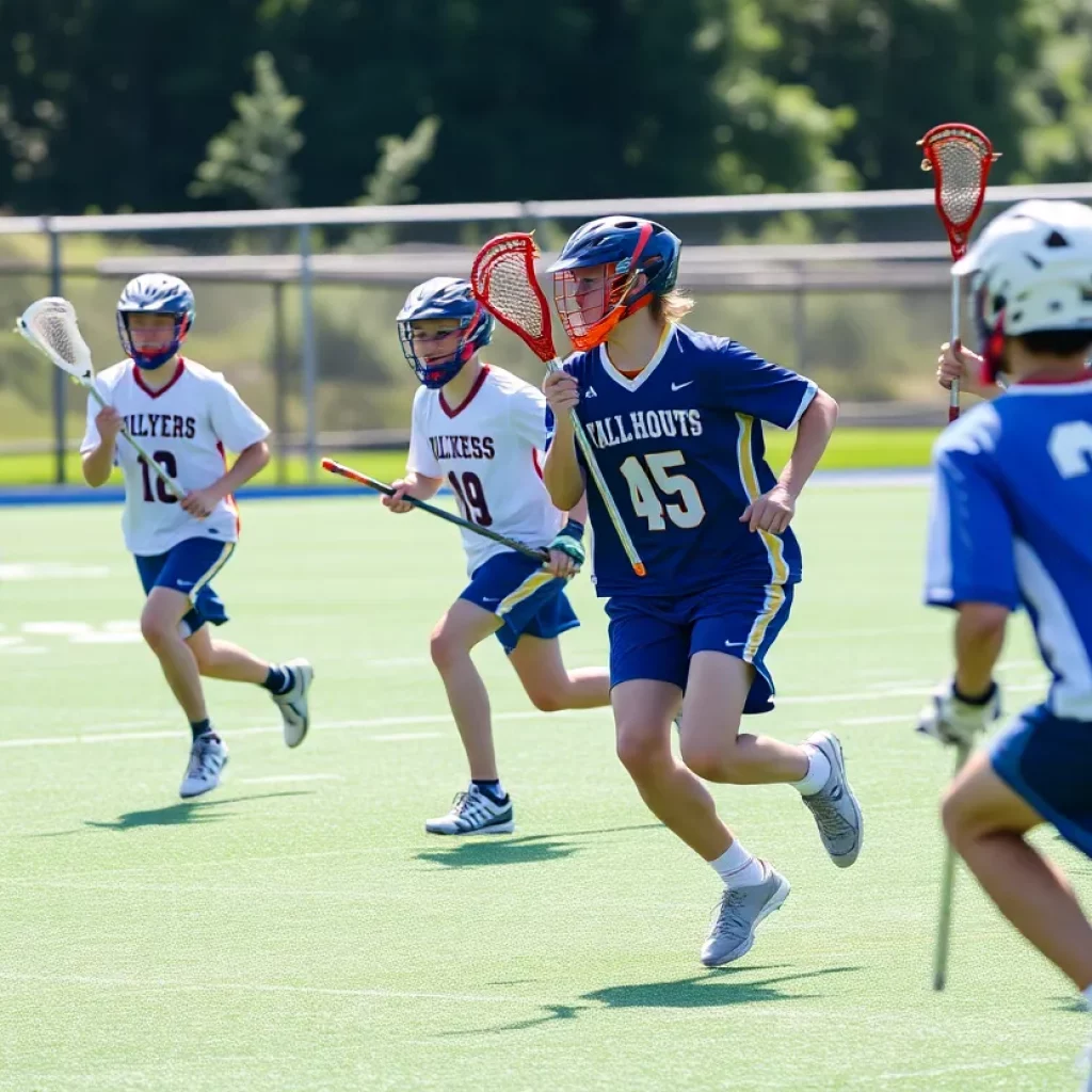 Boys playing lacrosse during a competitive game