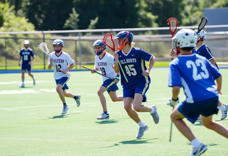Boys playing lacrosse during a competitive game