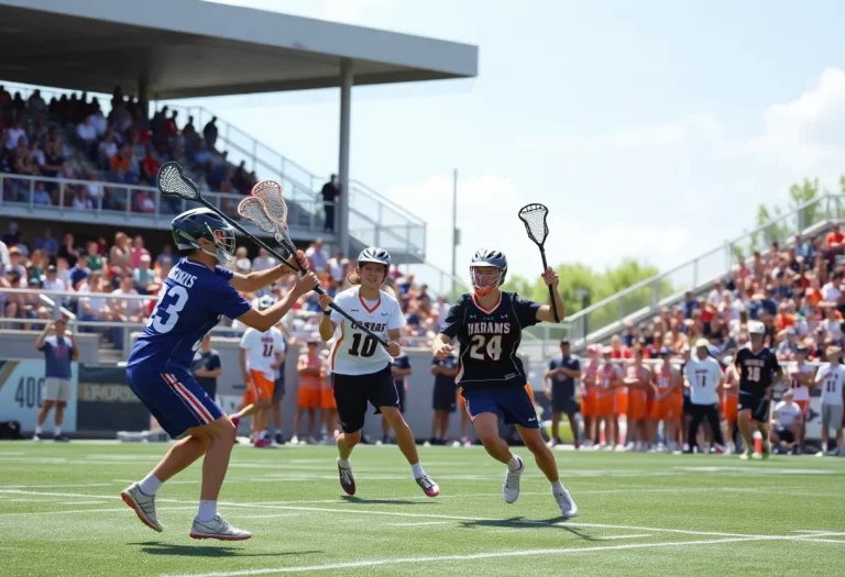 Players competing in a boys lacrosse match during the East vs. West Showdown