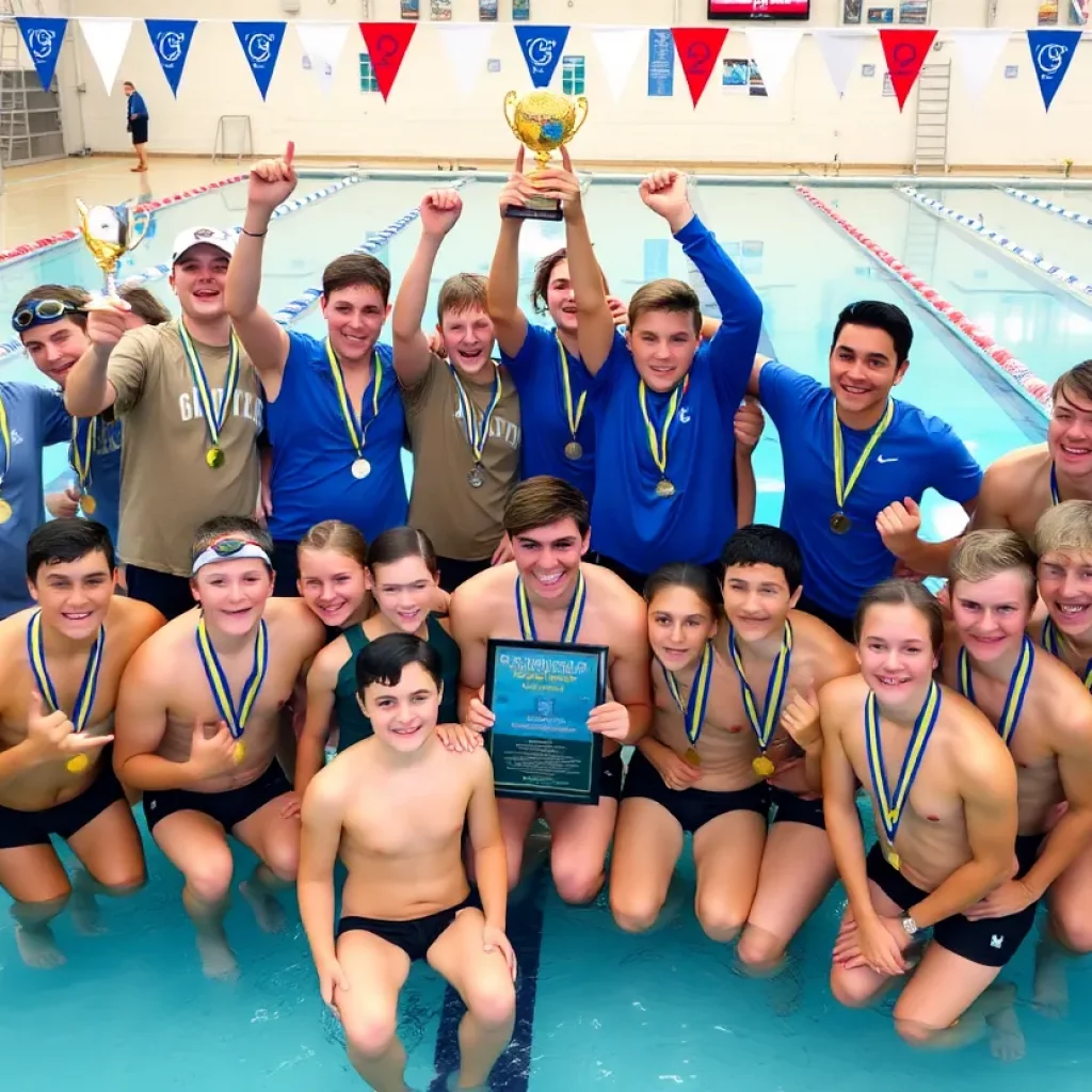G. Holmes Braddock boys swim team celebrating their state championship win
