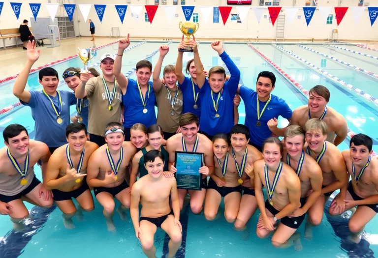 G. Holmes Braddock boys swim team celebrating their state championship win