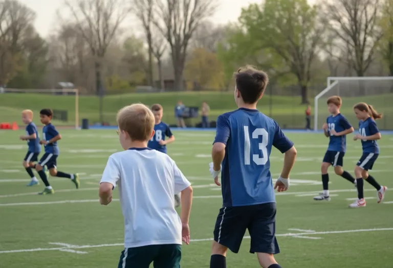 Team members practicing football on a sunny day