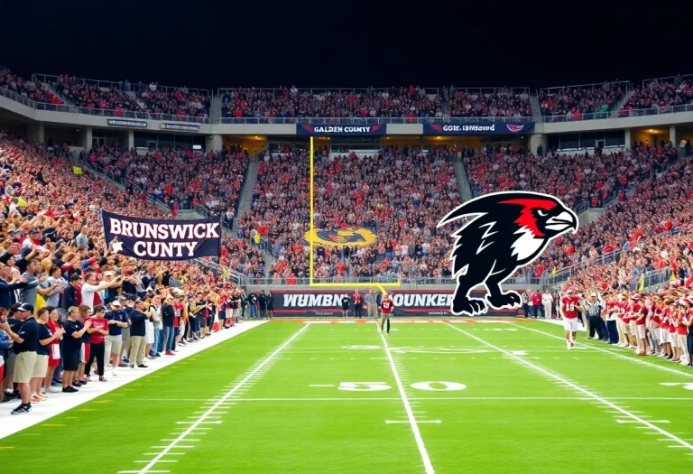 Fans at a football game supporting Brunswick Pirates and Washington County Golden Hawks