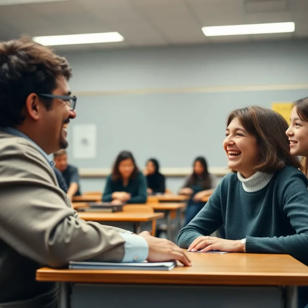 Emotional reunion between a teacher and student in a classroom