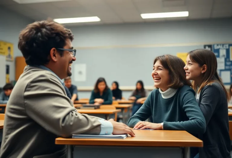 Emotional reunion between a teacher and student in a classroom