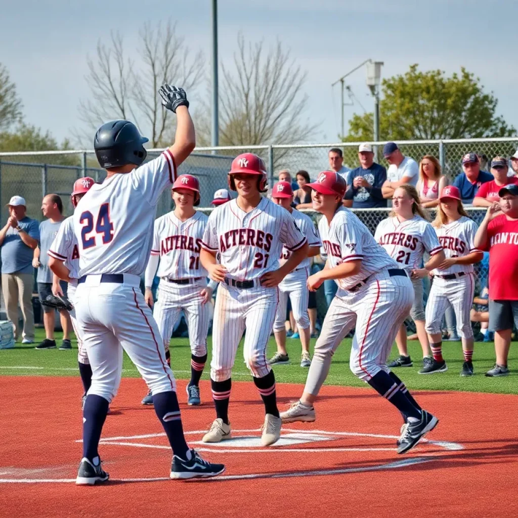 High school baseball players in competitive action on the field.
