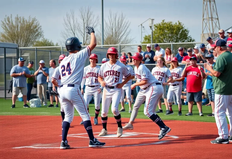 High school baseball players in competitive action on the field.